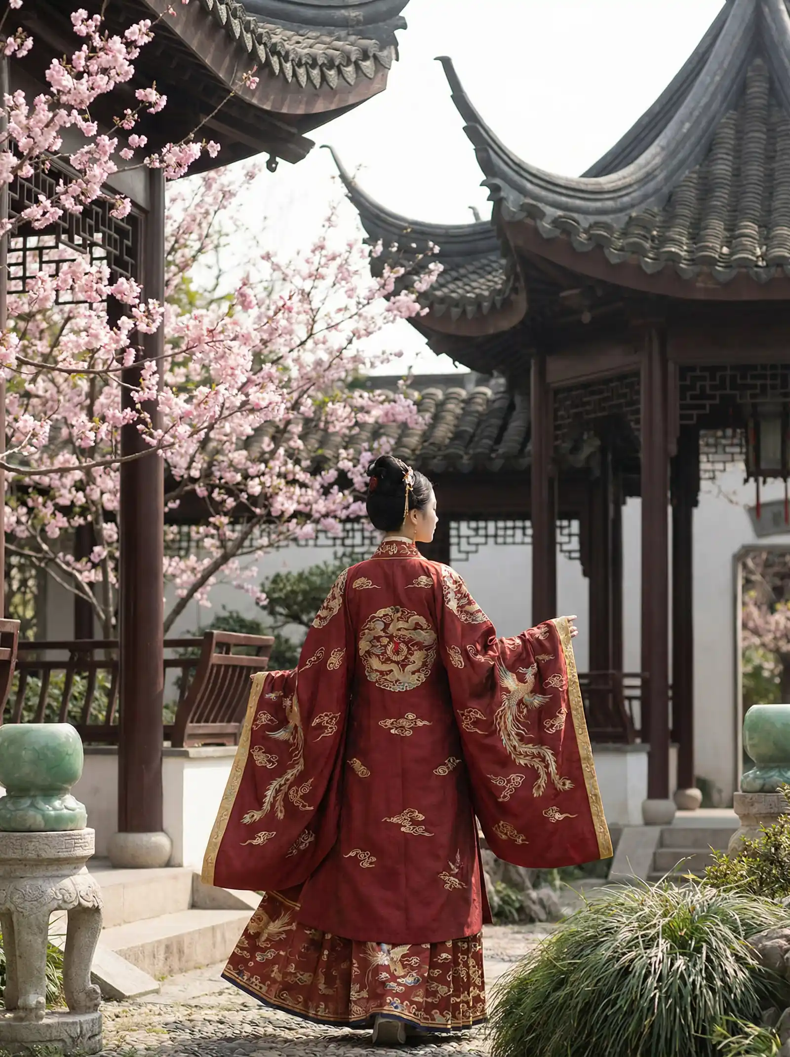 九尾狐与仙鹤 明制汉服红色凤凰刺绣